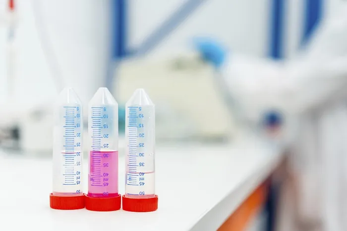 Gerahmter Druck : Drei Röhrchen mit Proben auf einem Labor-Tisch, im Hintergrund jemand am Werk. Gerahmter Druck : Drei Röhrchen mit Proben auf einem Labor-Tisch, im Hintergrund jemand am Werk.