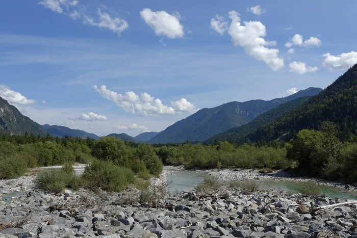 Gerahmter Druck : Oberer Isar, am Sedimentenschutzwall.