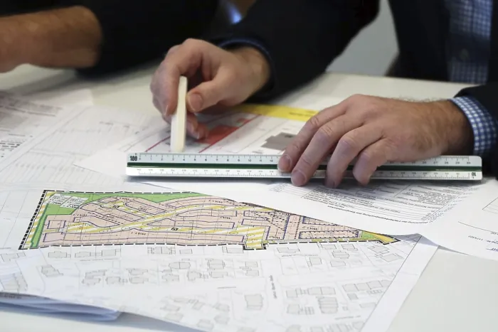 Gerahmter Druck : Stadtentwicklungsplan auf einem Tisch. Gerahmter Druck : Stadtentwicklungsplan auf einem Tisch.