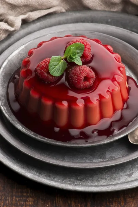 Gerahmter Druck : Vanillepudding mit Erdbeere und Erdbeersoße. Gerahmter Druck : Vanillepudding mit Erdbeere und Erdbeersoße.