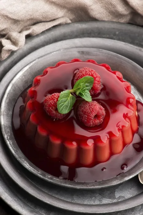 Gerahmter Druck : Vanillepudding mit Erdbeere und Erdbeersoße. Gerahmter Druck : Vanillepudding mit Erdbeere und Erdbeersoße.