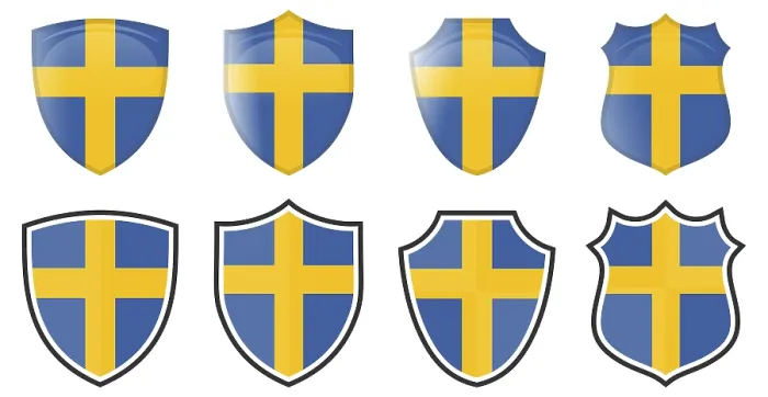 Gerahmter Druck : Schwedisches Wappen in Form eines Schildes mit vertikaler Flagge. Gerahmter Druck : Schwedisches Wappen in Form eines Schildes mit vertikaler Flagge.