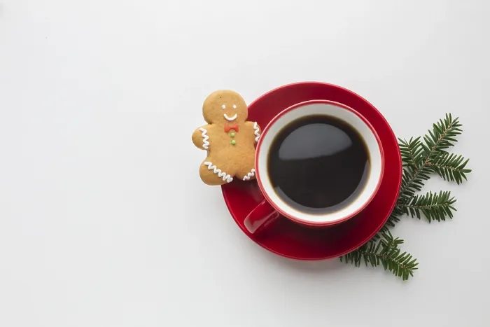 Gerahmter Druck : Obenansicht Kaffee mit Lebkuchenmann. Gerahmter Druck : Obenansicht Kaffee mit Lebkuchenmann.