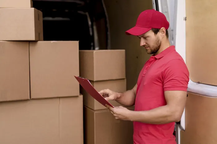 Gerahmter Druck : Seitenansicht Liefermann überprüft Paketliste. Gerahmter Druck : Seitenansicht Liefermann überprüft Paketliste.