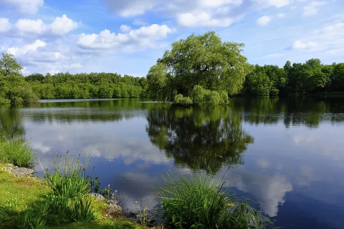 Gerahmter Druck : Blick über einen Waldsee, Reflexion. Gerahmter Druck : Blick über einen Waldsee, Reflexion.