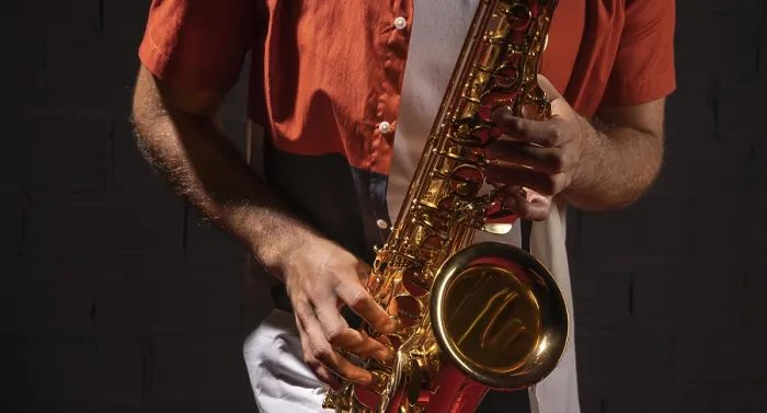 Gerahmter Druck : Vorderansicht Mann spielt Saxophon. Gerahmter Druck : Vorderansicht Mann spielt Saxophon.