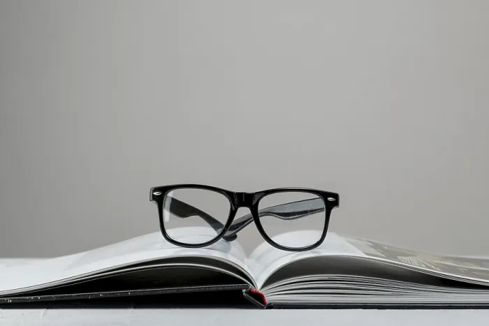Gerahmter Druck : Vorderansicht offenes Buch mit Brille. Gerahmter Druck : Vorderansicht offenes Buch mit Brille.