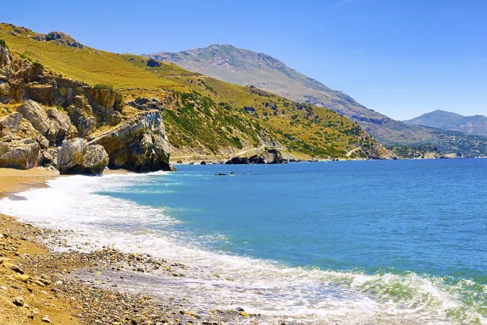 Gerahmter Druck : Blick auf den sandigen Strand von Preveli. Gerahmter Druck : Blick auf den sandigen Strand von Preveli.