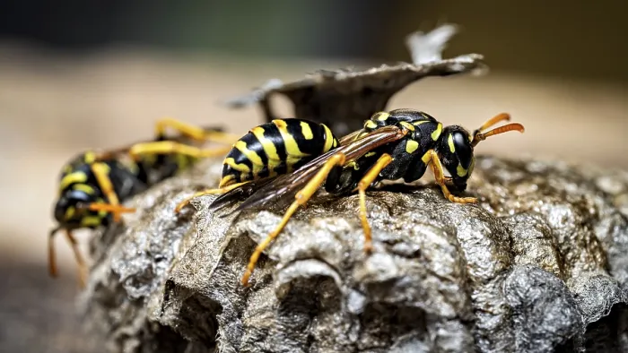 Gerahmter Druck : Zwei Wespen auf einem Nest. Gerahmter Druck : Zwei Wespen auf einem Nest.