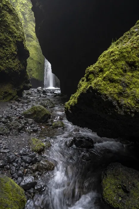 Gerahmter Druck : Wasserfall in einem mit Moos überwachsenen Schlucht. Gerahmter Druck : Wasserfall in einem mit Moos überwachsenen Schlucht.