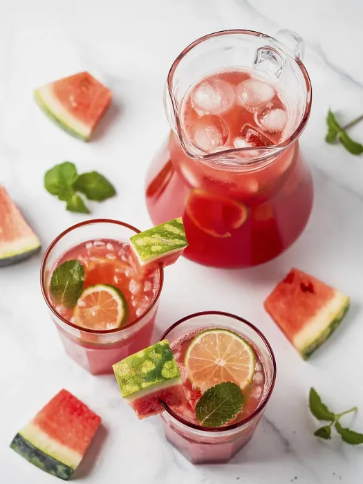 Gerahmter Druck : Wassermelonen-Cooler mit Limette, Minze und Eis. Gerahmter Druck : Wassermelonen-Cooler mit Limette, Minze und Eis.