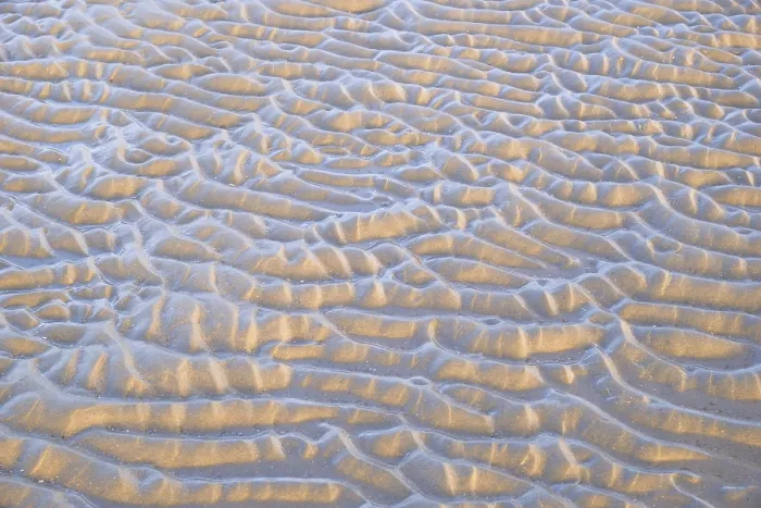 Gerahmter Druck : Wellenmuster, Rillen im nassen Sand. Gerahmter Druck : Wellenmuster, Rillen im nassen Sand.