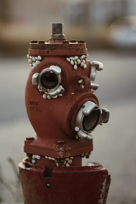Gerahmter Druck : Ein abgenutzter roter Feuerhydrant, der mit Muscheln überzogen ist. Gerahmter Druck : Ein abgenutzter roter Feuerhydrant, der mit Muscheln überzogen ist.