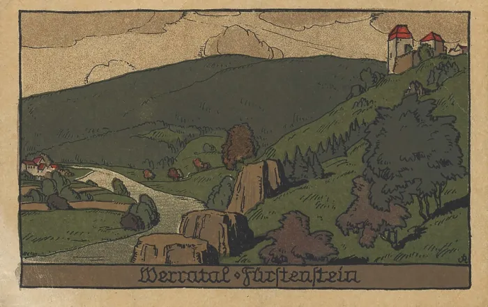 Gerahmter Druck : Blick auf das Werratal und den Fürstenstein in Hessen, Deutschland, um 1910. Gerahmter Druck : Blick auf das Werratal und den Fürstenstein in Hessen, Deutschland, um 1910.