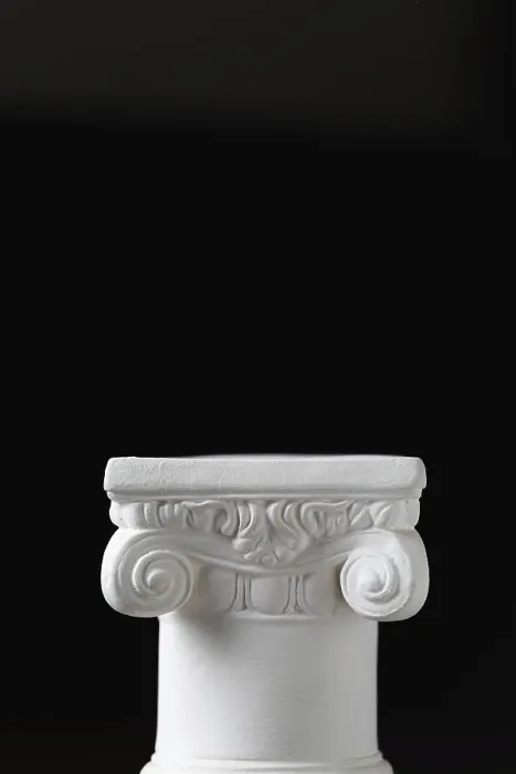 Gerahmter Druck : Weißer ionischer Design-Säule auf dunklem Hintergrund. Gerahmter Druck : Weißer ionischer Design-Säule auf dunklem Hintergrund.