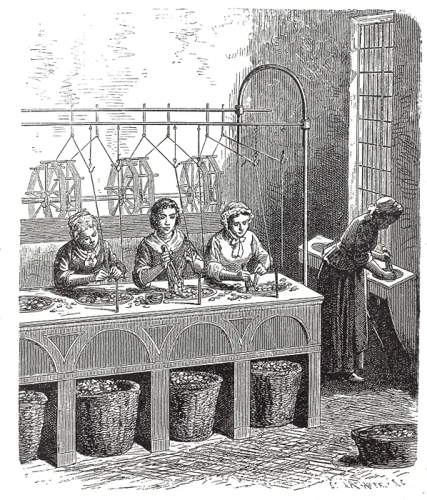 Gerahmter Druck : Arbeiter in einem historischen Seidenmühle. Gerahmter Druck : Arbeiter in einem historischen Seidenmühle.