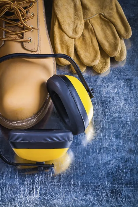 Gerahmter Druck : Arbeitsstiefel schützende Handschuhe Gerahmter Druck : Arbeitsstiefel schützende Handschuhe