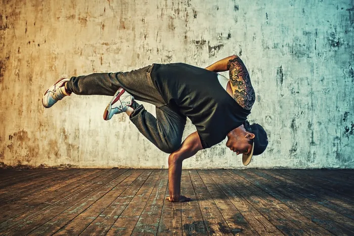 Gerahmter Druck : Jüngerer Mann tanzt Breakdance an der Wand im Hintergrund. Gerahmter Druck : Jüngerer Mann tanzt Breakdance an der Wand im Hintergrund.