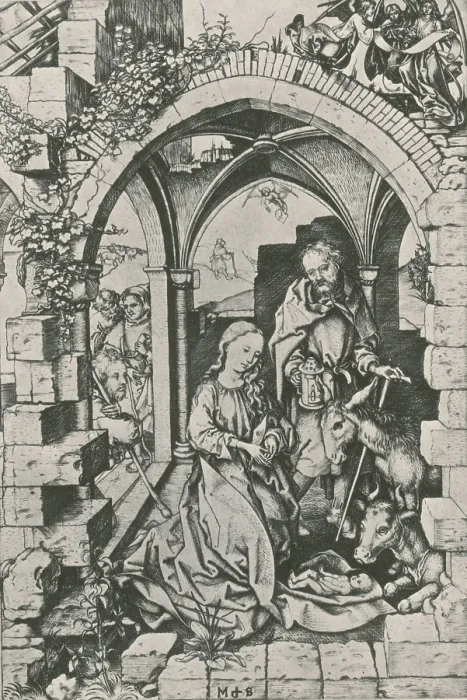 Gerahmter Druck : Nativity. Die Geburt Christi, Martin Schongauer, 1470 n Gerahmter Druck : Nativity. Die Geburt Christi, Martin Schongauer, 1470 n