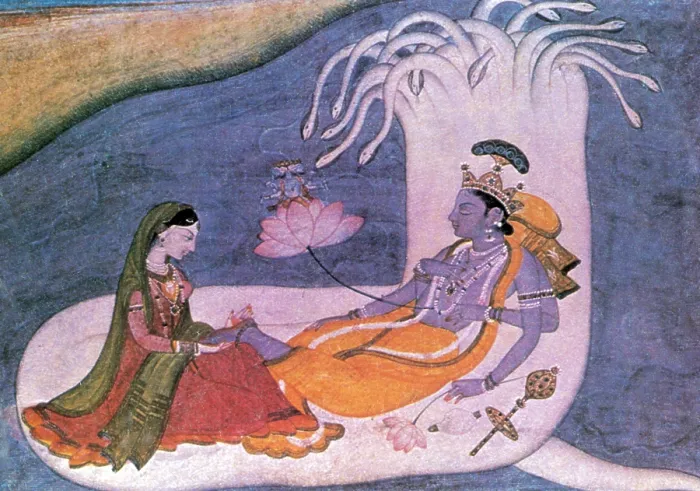 Gerahmter Druck : Vishnu und Lakshmi schweben durch das Universum.