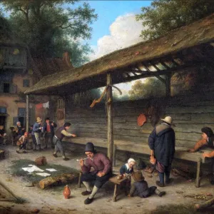 Print of a 17th-century Dutch inn courtyard with shuffleboard players Print of a 17th-century Dutch inn courtyard with shuffleboard players