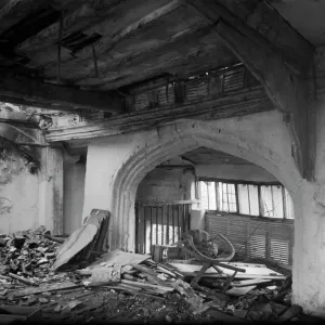 Print of The Great Hall, Norwich interior showing bomb damage in 1942