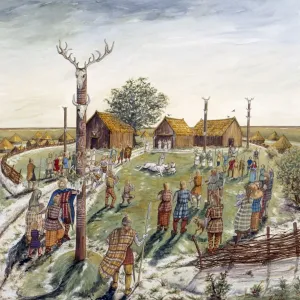 Danebury Hill Fort Print, Iron Age Reconstruction