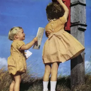 1950s Childhood Scene Print: Children Posting a Letter 1950s Childhood Scene Print: Children Posting a Letter
