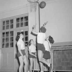 1950s Childhood Netball Print: Four Girls in Action 1950s Childhood Netball Print: Four Girls in Action