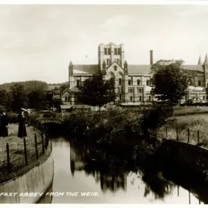The Abbey from the Weir, Buckfast Print, Devon England 1920s The Abbey from the Weir, Buckfast Print, Devon England 1920s