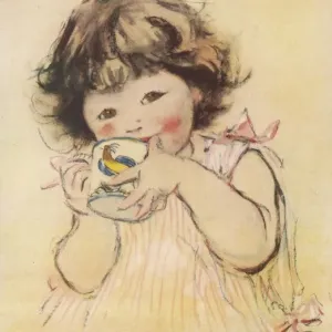 Child Sipping from a Cockerel Mug Print