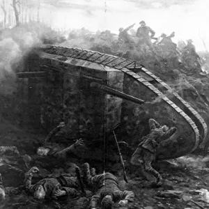 British Tank Attacking German Positions, WW1 Print British Tank Attacking German Positions, WW1 Print