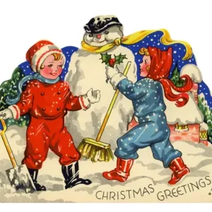 1950s Christmas Card Print: Children Building a Snowman 1950s Christmas Card Print: Children Building a Snowman