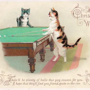 Two Cats Playing Billiards Christmas Print circa 1890s Two Cats Playing Billiards Christmas Print circa 1890s