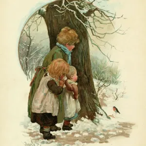 Children watching a robin in the snow Print Children watching a robin in the snow Print