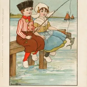 Florence Hardy's Twos Company Print: Dutch Children Fishing Florence Hardy's Twos Company Print: Dutch Children Fishing