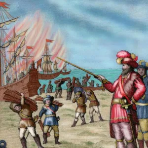 Cortes Destroying His Fleet Print, 1825 Cortes Destroying His Fleet Print, 1825