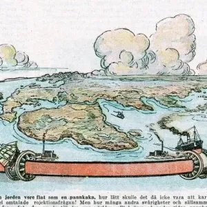 Flat Earth Print with Ships and Continents