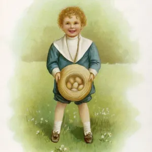 Easter-themed Print of a Boy Holding Eggs in His Hat Easter-themed Print of a Boy Holding Eggs in His Hat