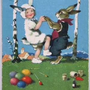 Easter Bunny Print with Child and Coloured Eggs Easter Bunny Print with Child and Coloured Eggs
