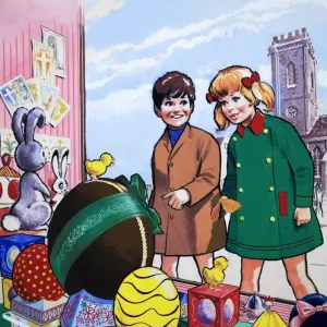Children admiring an Easter display Print (Easter) Children admiring an Easter display Print (Easter)