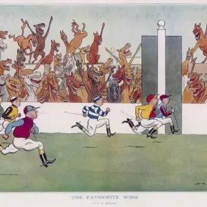 Horses Cheer on Jockeys in The Favourite Wins Print