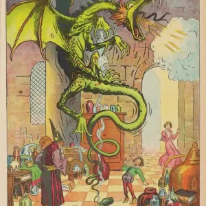 Print of The Sorcerer's Apprentice releasing the Dragon from its Bottle Print of The Sorcerer's Apprentice releasing the Dragon from its Bottle