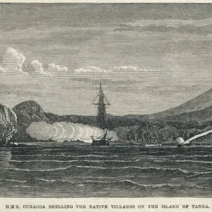 Print of H.M.S. Curacoa shelling Tanna Island in the New Hebrides, 1865 Print of H.M.S. Curacoa shelling Tanna Island in the New Hebrides, 1865