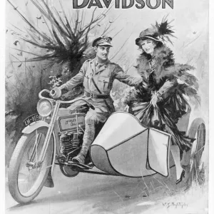 Harley Davidson 1915 Print: Soldier and Lady on Motorcycle Ride