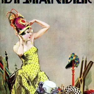 Woman in a yellow polka dot dress trying on hats, Print Woman in a yellow polka dot dress trying on hats, Print