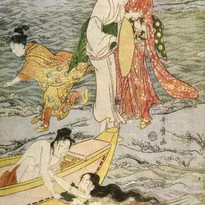 Late 18th Century Japanese Woodcut Print: Watching Divers for Shellfish Late 18th Century Japanese Woodcut Print: Watching Divers for Shellfish