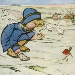 A Little Shy Print: Girl Feeding Robin in the Snow