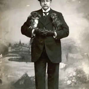 Man with Pekingese Print, a French man holding two dogs Man with Pekingese Print, a French man holding two dogs