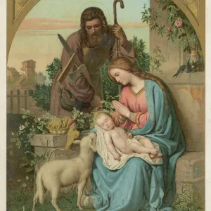 Print of The Nativity with Lamb featuring Joseph and his carpenter's tools Print of The Nativity with Lamb featuring Joseph and his carpenter's tools